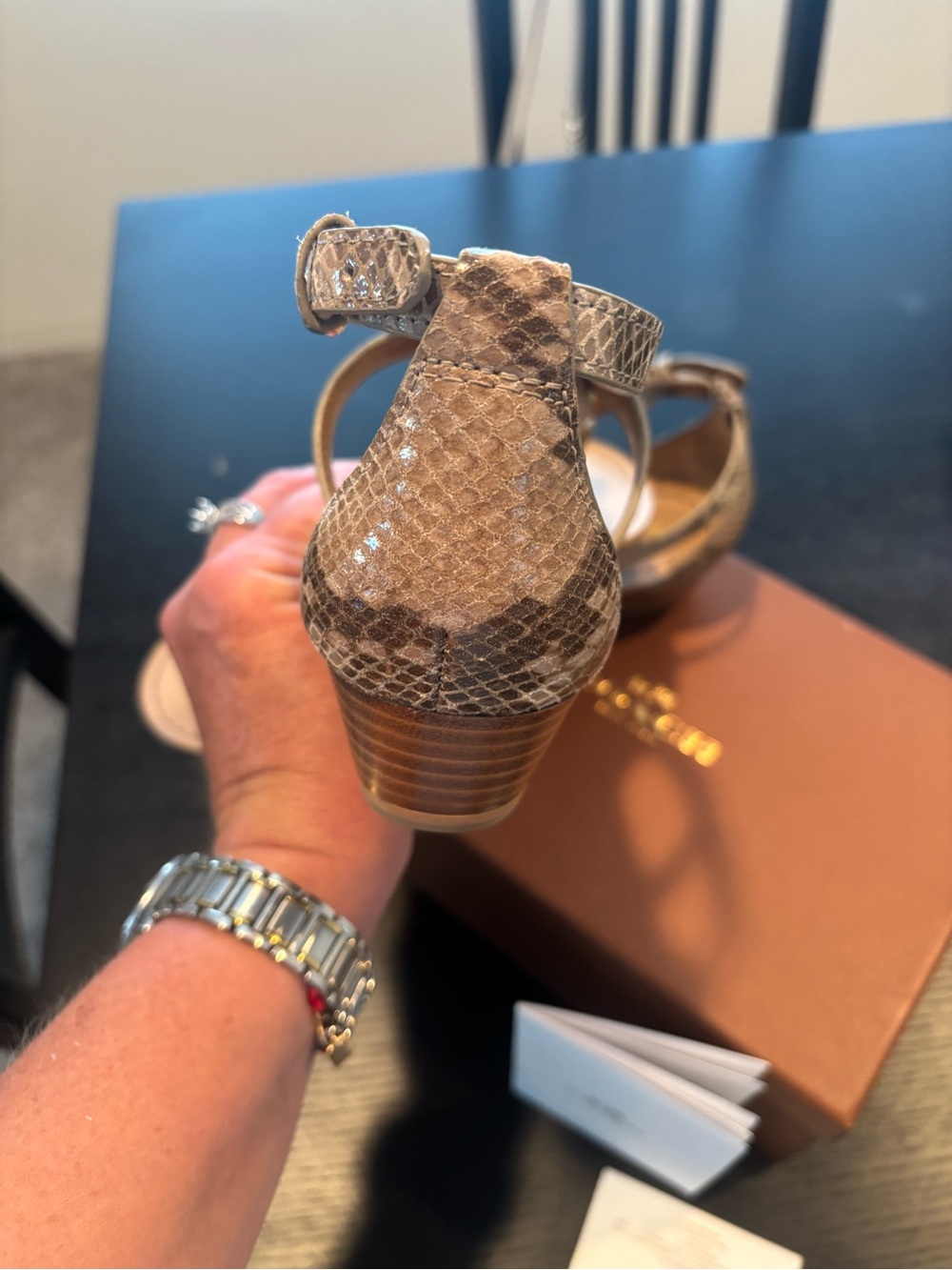 Coach Ingrid Tan Snakeskin-Print Thong Wedge Sandals with Gold Turnlock - Picture 8 of 9